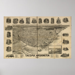 Affiches 1893 Tacoma, carte panoramique de vue d'oeil
