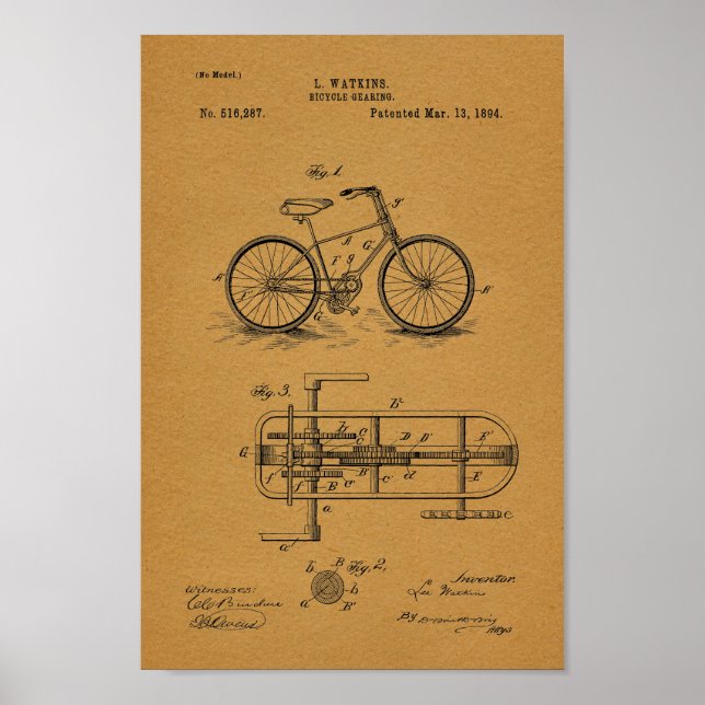 Affiches 1894 Vintage Bicycle Gearing Patent Art Print (Devant)