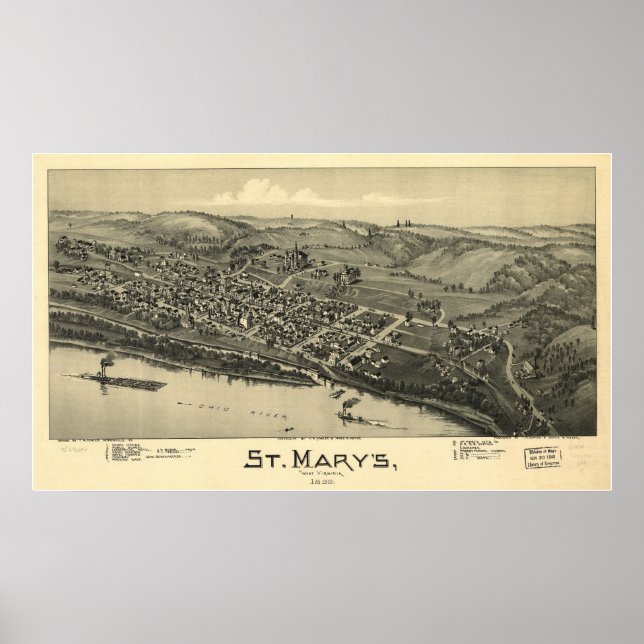 Affiches 1899 St. Mary's, WV Bird's Eye View Carte panorami (Devant)