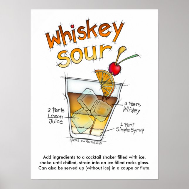 Affiches 18" x 24" POSTER, WHISKEY SOUR RECEPE COCKTAIL ART (Devant)