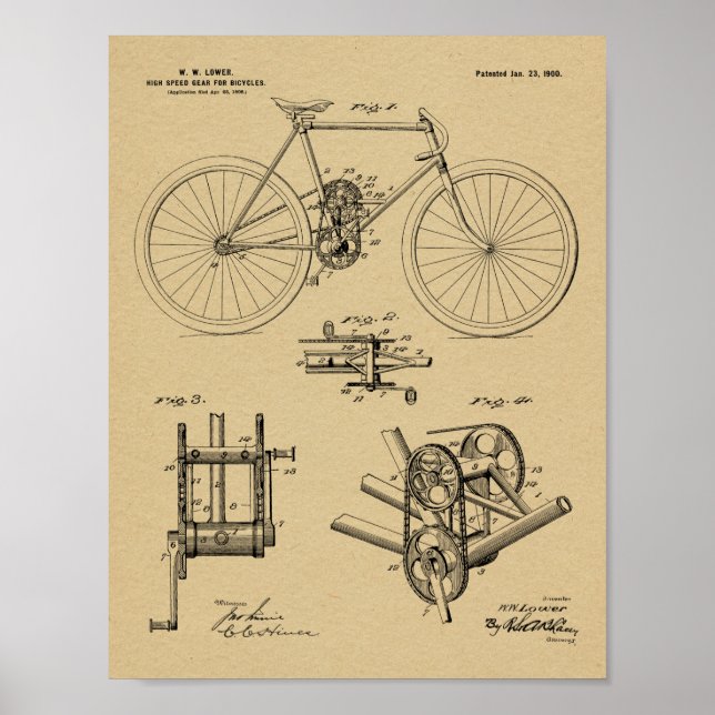Affiches 1900 High Speed Gear Bicycle Design Patent Print (Devant)