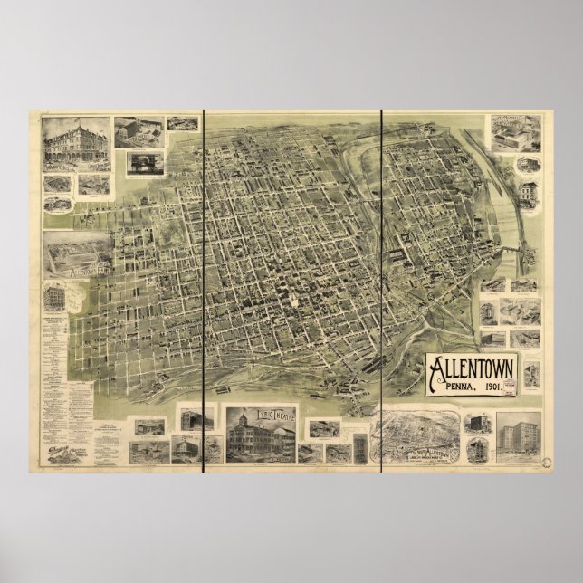 Affiches 1901 Allentown, PA Birds Eye View Panoramic Map (Devant)