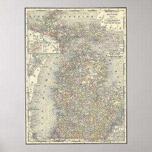 Affiches 1901 Map of Michigan