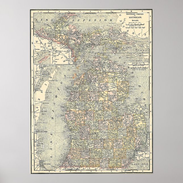 Affiches 1901 Map of Michigan (Devant)