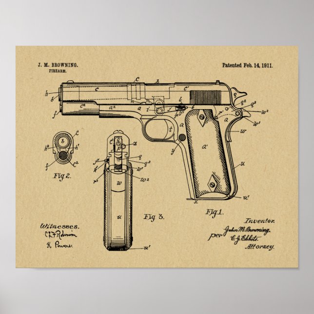Affiches 1911 Colt Browning Gun brevet d'art dessin (Devant)