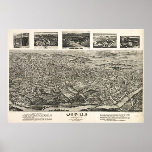 Affiches 1912 Asheville, NC Oiseaux Vue panoramique Carte (Devant)