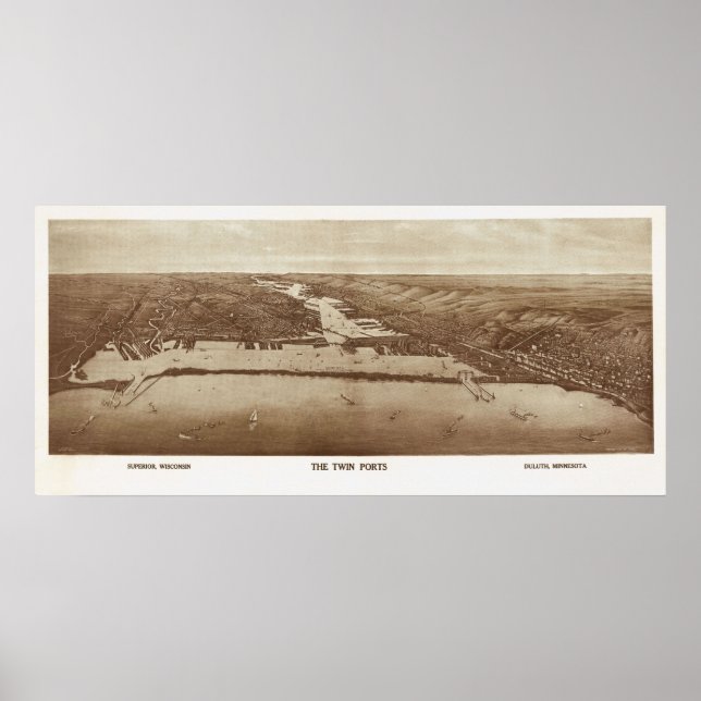 Affiches 1915 Supérieur, WI & Duluth, MN Birds Eye View (Devant)