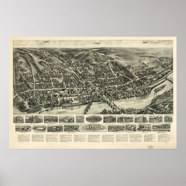 Affiches 1919 Shelton CT Birds Eye Panoramic Map (Devant)