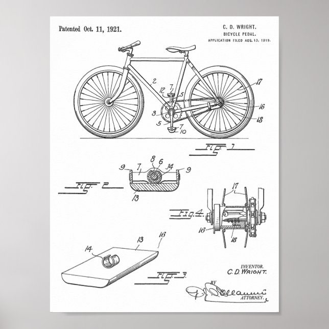 Affiches 1921 Bicycle Pedal Design Brevet Art Imprimer (Devant)