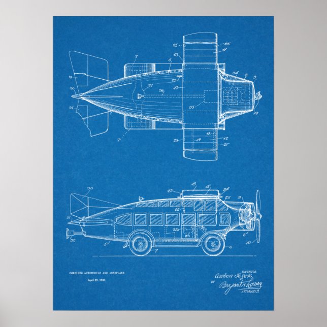 Affiches 1930 Voiture Volante Avion Brevet d'Art Imprimer (Devant)