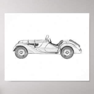 Affiches 1936 BMW 328 Roadster Art crayon noir et blanc