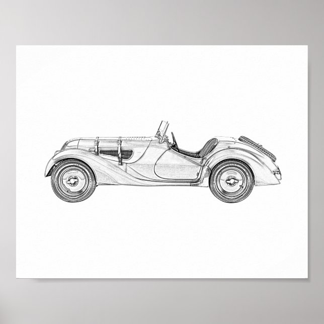 Affiches 1936 BMW 328 Roadster Art crayon noir et blanc (Devant)