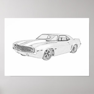 Affiches 1969 Chevy Camaro style crayon noir et blanc