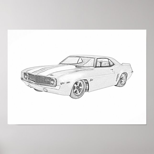 Affiches 1969 Chevy Camaro style crayon noir et blanc (Devant)