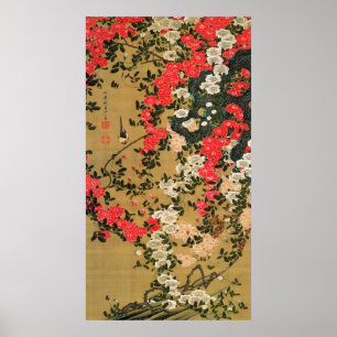 Affiches 21. 薔 薇 小 禽 図, 冲 Roses et petits oiseaux, Jakuchu,
