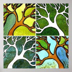 Affiches 4 arbres découpés par main dans l'aquarelle et le