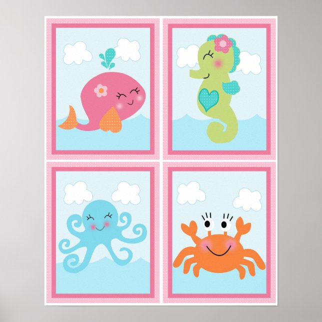Affiches 4 en 1 sous la mer/baleine rose 8x10 Nursery Art (Devant)