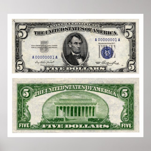 Affiches $5 Banknote, Silver Certificate, Series of 1953 (Devant)
