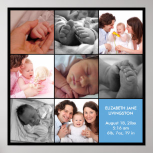 Affiches 8 bébé photo moderne collage bleu noir bordure