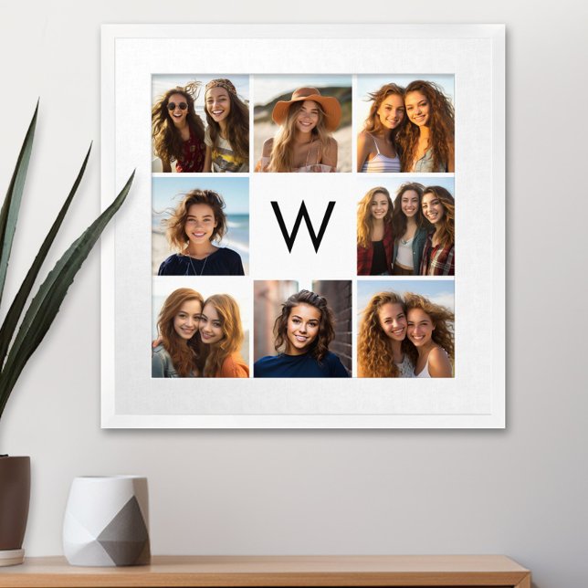 Affiches 8 Photo Collage personnalisé Monogramme noir et bl (Custom Poster with 9 Photos)