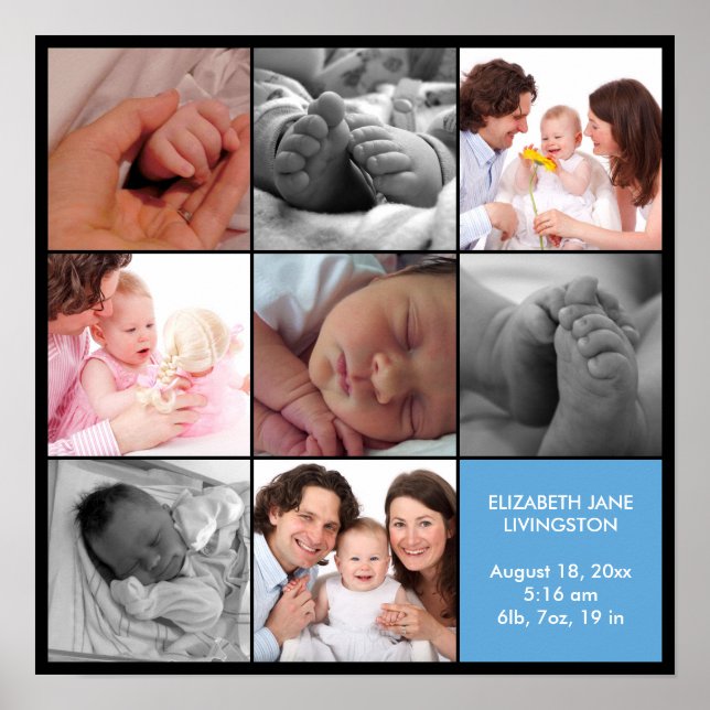Affiches 8 photo de bébé moderne en collage avec bordure bl (Devant)