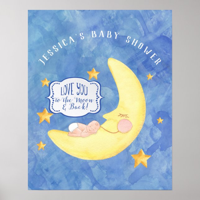 Affiches À la lune sur le Baby shower arrière aquarelle neu (Devant)