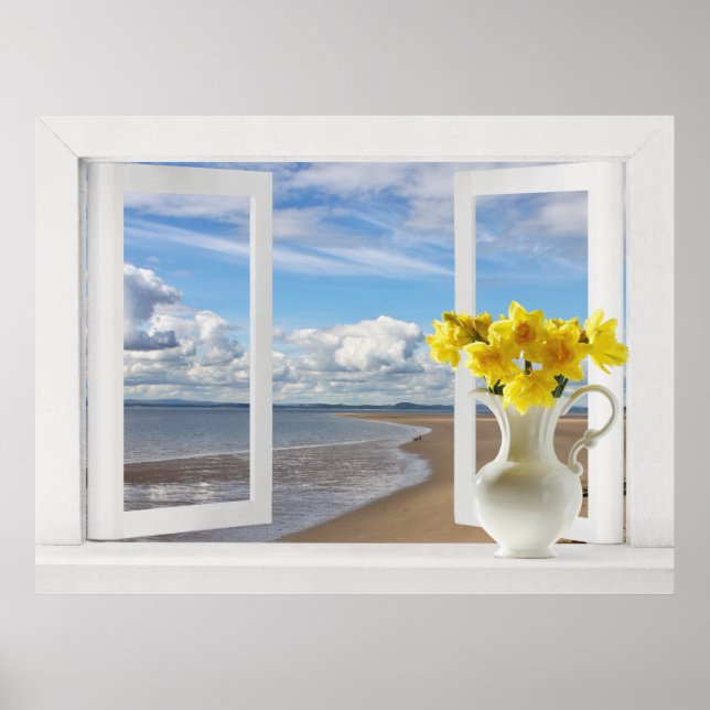 Affiches À la plage -- Vue de fenêtre ouverte avec jonquill (Devant)