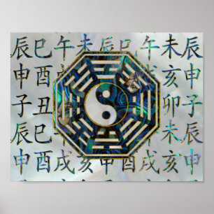Affiches Abalone et or Bagua feng shui hiéroglyphes
