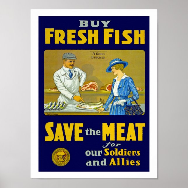 Affiches Acheter du poisson frais ~ Sauvez la viande (Devant)