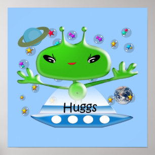 Affiches Adorables Aliens de l'Espace Vert avec un Vaisseau