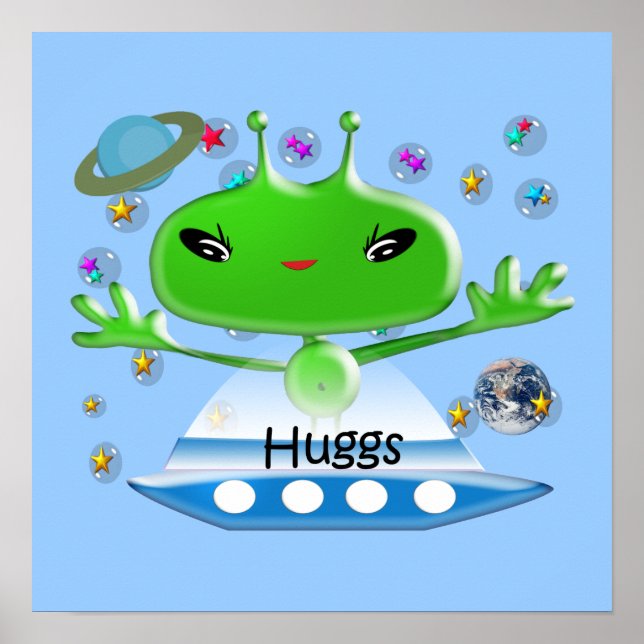 Affiches Adorables Aliens de l'Espace Vert avec un Vaisseau (Devant)