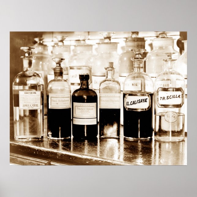 Affiches Affichage de bouteilles apothécaires contenant des (Devant)