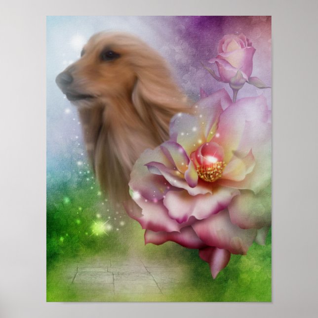 Affiches Afghanistan Hound Face Imaginaire Fleurs Chien Art (Devant)