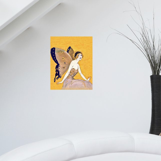 Affiches Ailes de papillon vintage fée blonde (Pretty blond fairy with monarch butterfly wings on bright gold wall art poster.)