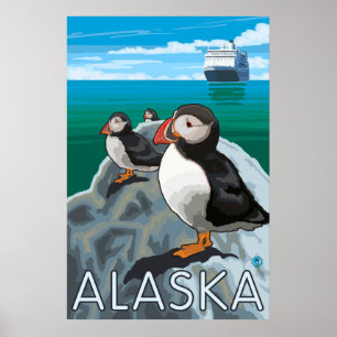 Affiches Alaska - Puffins regardant un bateau de croisière