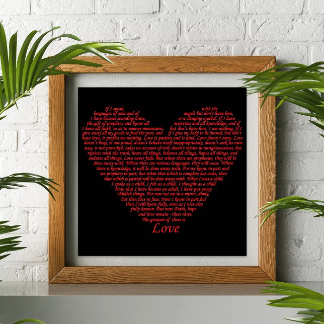 Affiches Amour Citation Biblique Typographie Art (Love bible quote 1 Corinthians 13 red heart typography art poster by artist Catherine Sweetman )