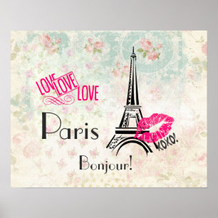 Affiches Amour Paris avec Tour Eiffel en Motif Vintage