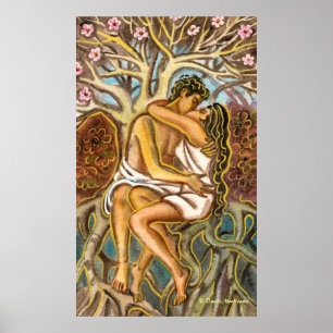 Affiches Amoureux s'embrassant sous un arbre en fleurs