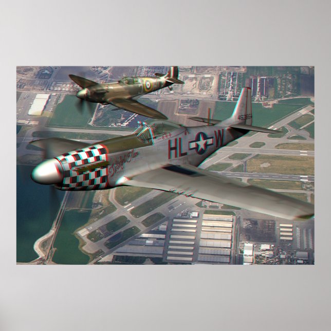 Affiches Anaglyphe 3D de P51 sur Spitfire sur Airfield (Devant)