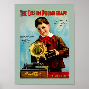 Affiches Ancien Edison Phonographe Cylindre Enregistrement