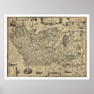 Affiches Ancienne Irlande Carte Ortelius Dessinée Par Baozi