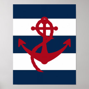 Affiches Ancre nautique en rouge, bleu marine et blanc