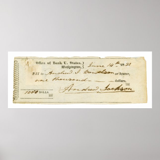 Affiches Andrew Jackson Signed Check du 14 juin 1831 (Devant)