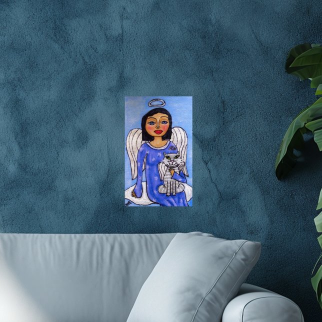 Affiches Ange et chat sur un nuage (Angel blue dress on cloud holding white angel cat on sky blue art wall poster.)