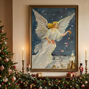 Affiches Ange victorien de Noël vintage avec étoiles roses