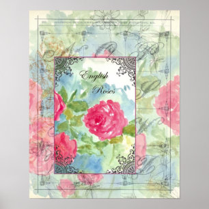 Affiches Anglais Chou Rose Collage Aquarelle Fleurs