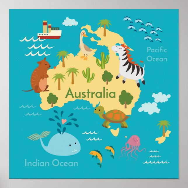 Affiches Animaux Carte du monde Australie pour les enfants (Devant)