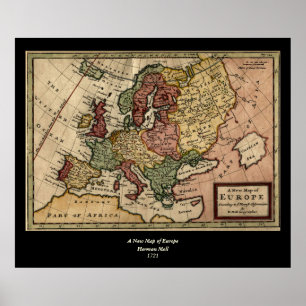Affiches Antiquarian 1721 Map of Europe by Herman Moll