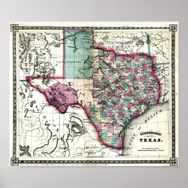 Affiches Antiquarian Map of Texas by Schönberg & Co. (Devant)