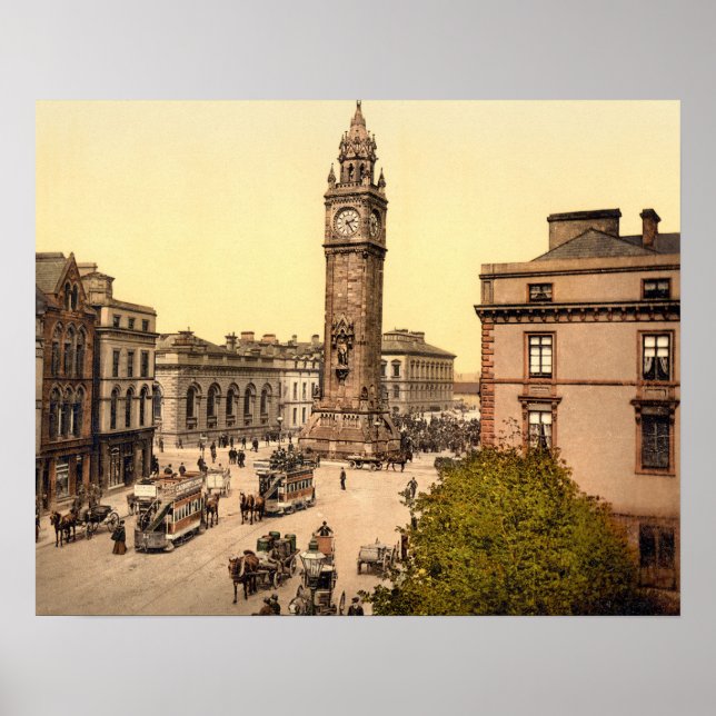 Affiches Antique 1890s Belfast Street scène Albert Memorial (Devant)